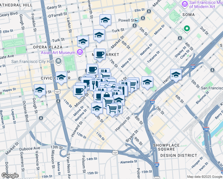 map of restaurants, bars, coffee shops, grocery stores, and more near in San Francisco