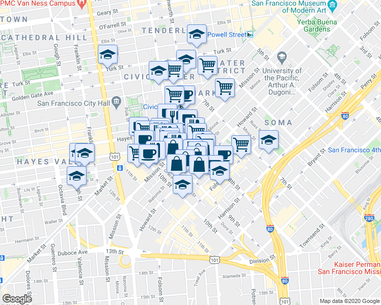 map of restaurants, bars, coffee shops, grocery stores, and more near 765 Minna Street in San Francisco