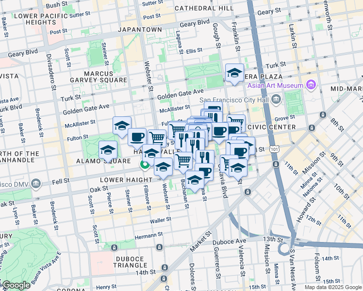 map of restaurants, bars, coffee shops, grocery stores, and more near 542 Linden Street in San Francisco