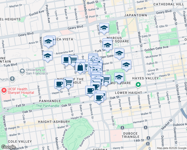 map of restaurants, bars, coffee shops, grocery stores, and more near 1335 Fulton Street in San Francisco