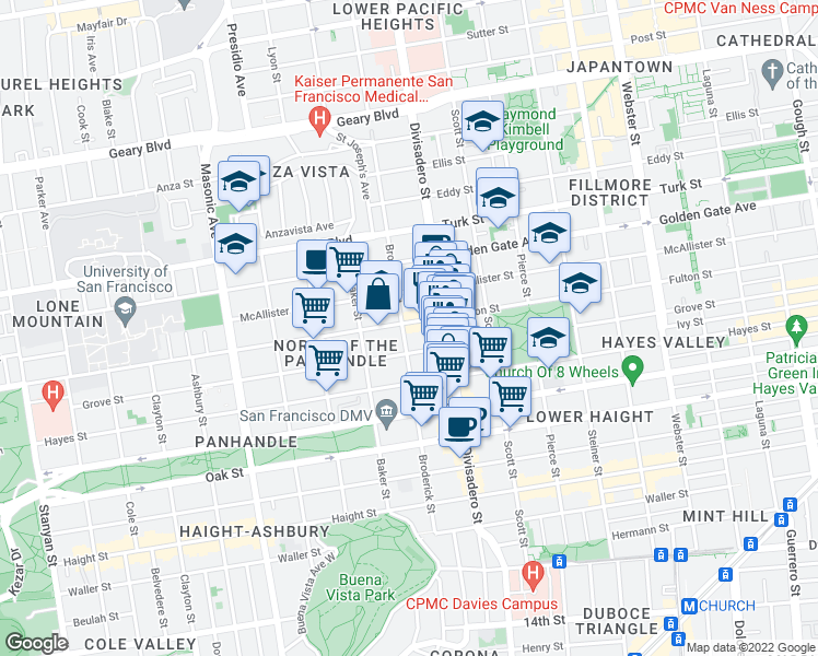 map of restaurants, bars, coffee shops, grocery stores, and more near 1335 Fulton Street in San Francisco