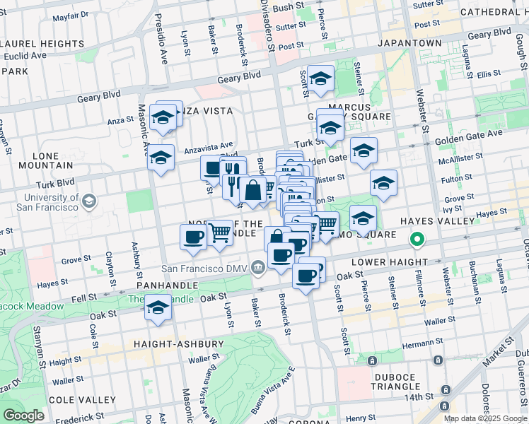 map of restaurants, bars, coffee shops, grocery stores, and more near 1442 Grove Street in San Francisco