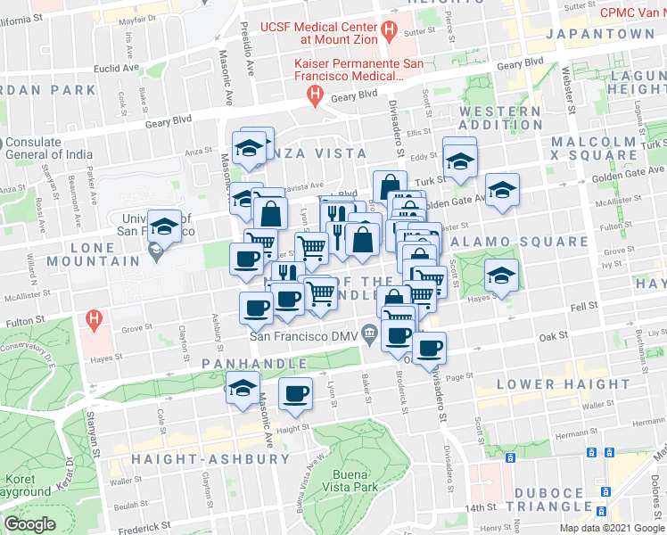 map of restaurants, bars, coffee shops, grocery stores, and more near in San Francisco