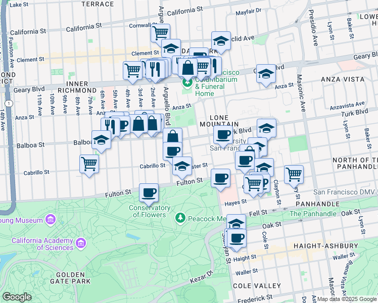 map of restaurants, bars, coffee shops, grocery stores, and more near 225 Willard North in San Francisco