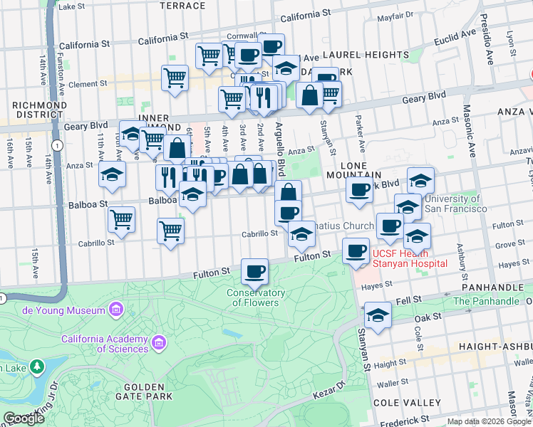 map of restaurants, bars, coffee shops, grocery stores, and more near 675 2nd Avenue in San Francisco