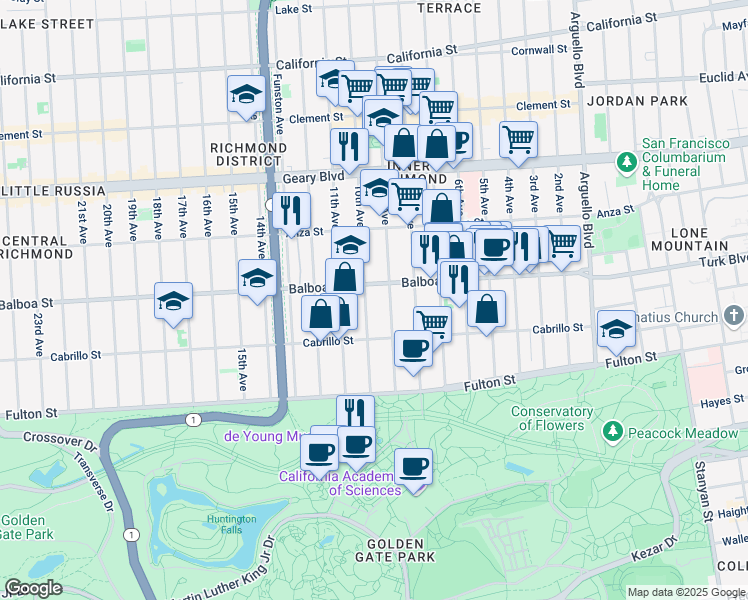 map of restaurants, bars, coffee shops, grocery stores, and more near 655 9th Avenue in San Francisco