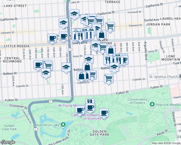 map of restaurants, bars, coffee shops, grocery stores, and more near 654 11th Avenue in San Francisco