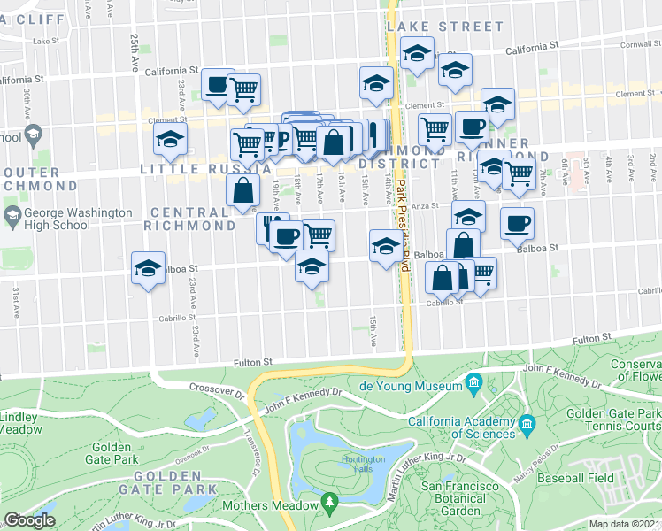 map of restaurants, bars, coffee shops, grocery stores, and more near 639 16th Avenue in San Francisco