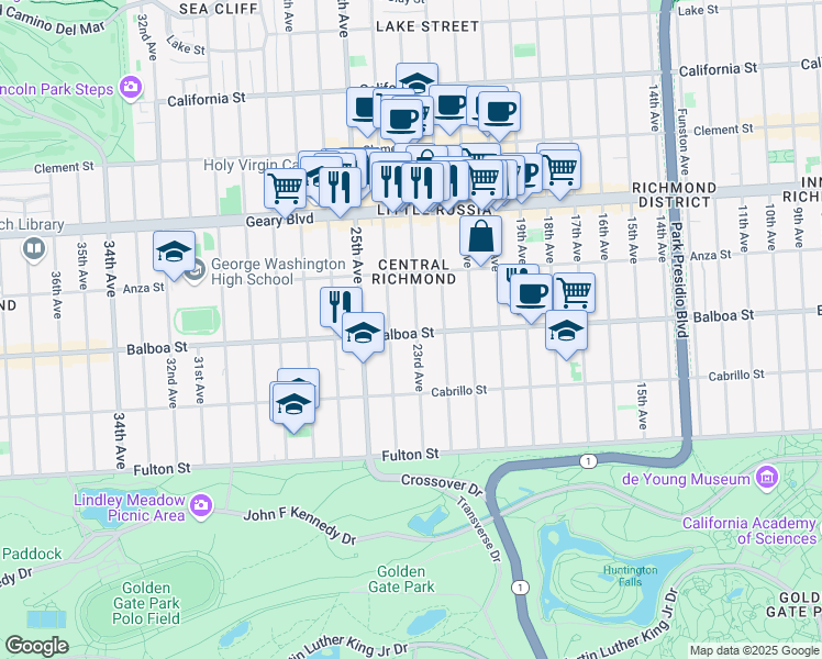 map of restaurants, bars, coffee shops, grocery stores, and more near 619 23rd Avenue in San Francisco