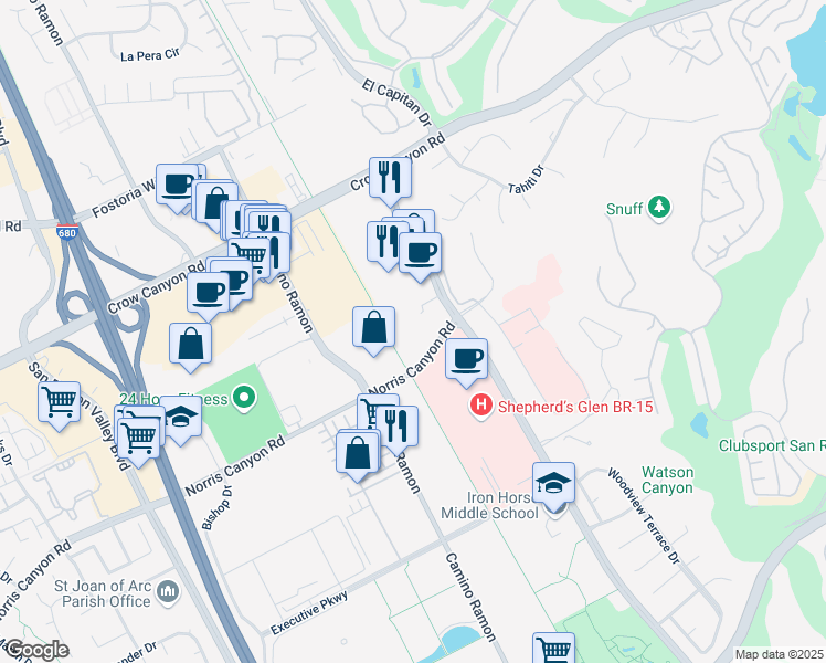 map of restaurants, bars, coffee shops, grocery stores, and more near 4720 Norris Canyon Road in San Ramon