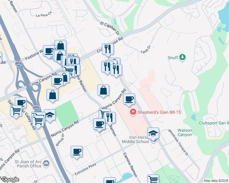 map of restaurants, bars, coffee shops, grocery stores, and more near 4720 Norris Canyon Road in San Ramon
