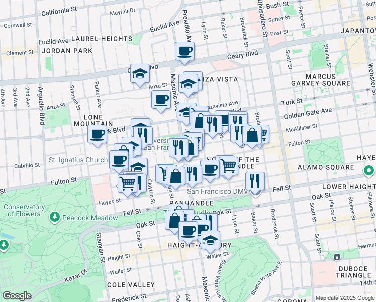 map of restaurants, bars, coffee shops, grocery stores, and more near 500 Masonic Avenue in San Francisco