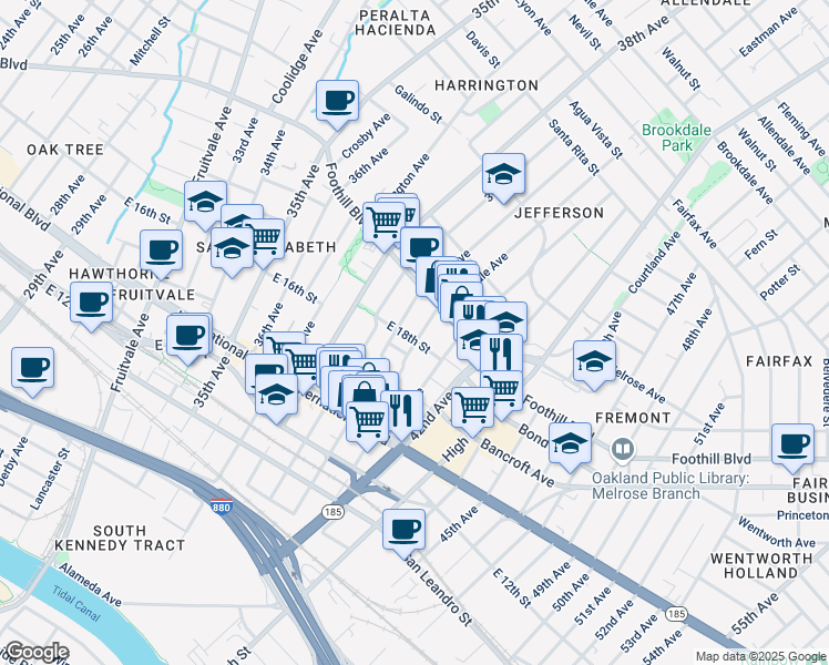 map of restaurants, bars, coffee shops, grocery stores, and more near 1803 Rosedale Avenue in Oakland