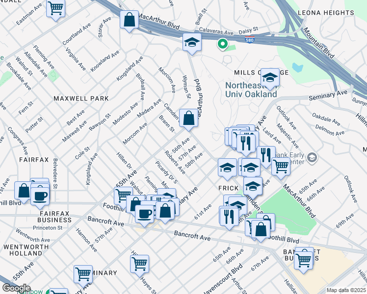 map of restaurants, bars, coffee shops, grocery stores, and more near 3000 56th Avenue in Oakland
