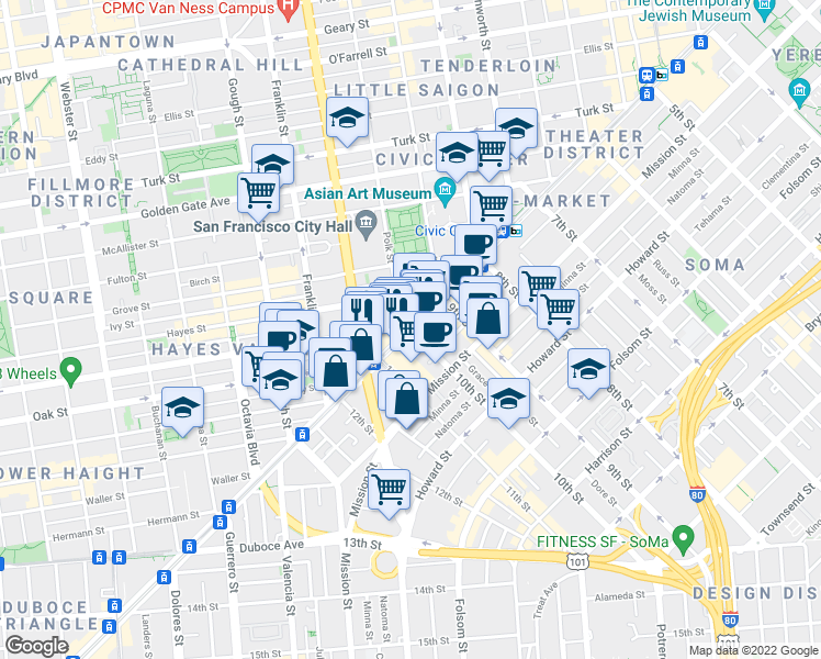map of restaurants, bars, coffee shops, grocery stores, and more near Market St & Polk St in San Francisco