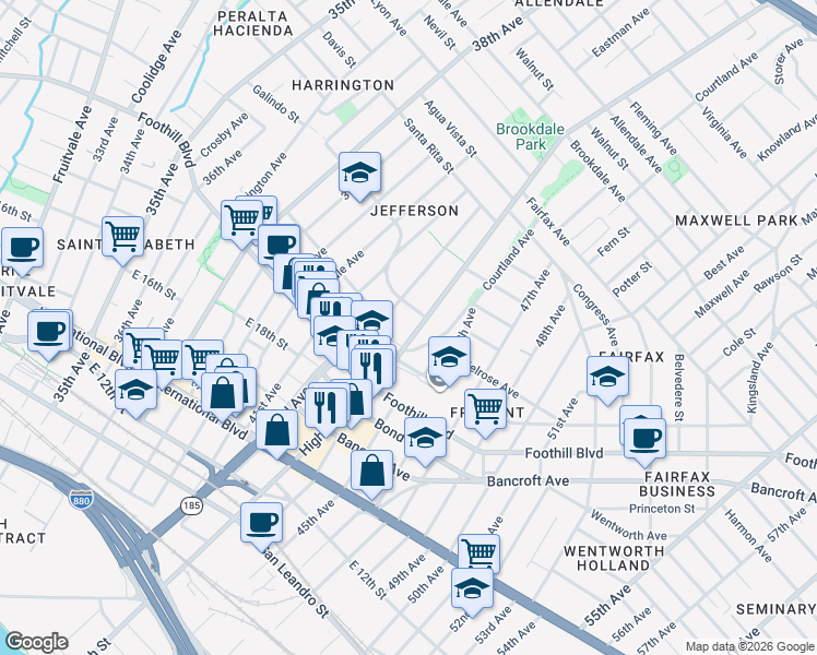 map of restaurants, bars, coffee shops, grocery stores, and more near 1975 Courtland Avenue in Oakland