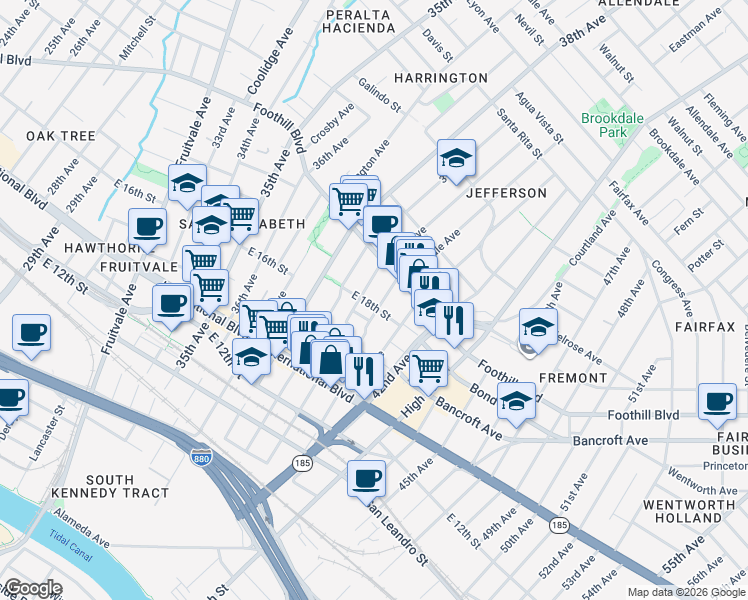 map of restaurants, bars, coffee shops, grocery stores, and more near 1803 Rosedale Avenue in Oakland