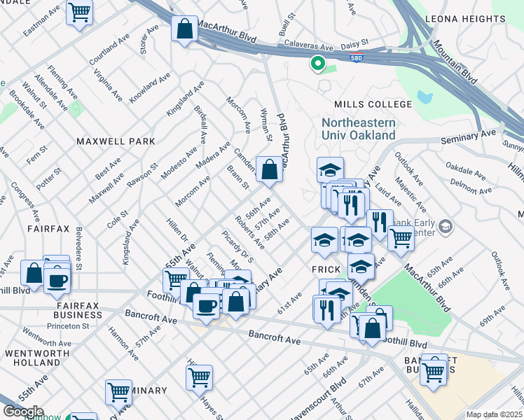 map of restaurants, bars, coffee shops, grocery stores, and more near 3000 56th Avenue in Oakland