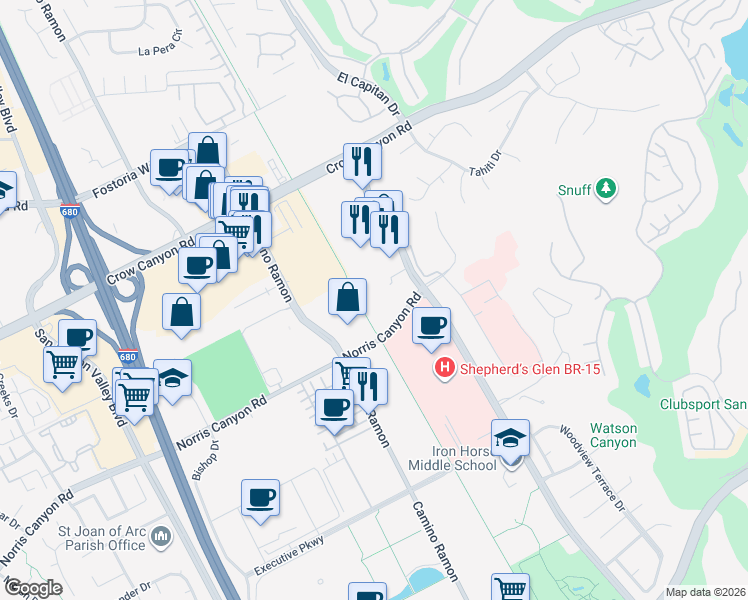 map of restaurants, bars, coffee shops, grocery stores, and more near 4708 Norris Canyon Road in San Ramon