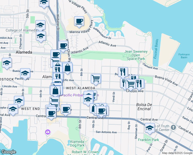 map of restaurants, bars, coffee shops, grocery stores, and more near 1629 Wood Street in Alameda