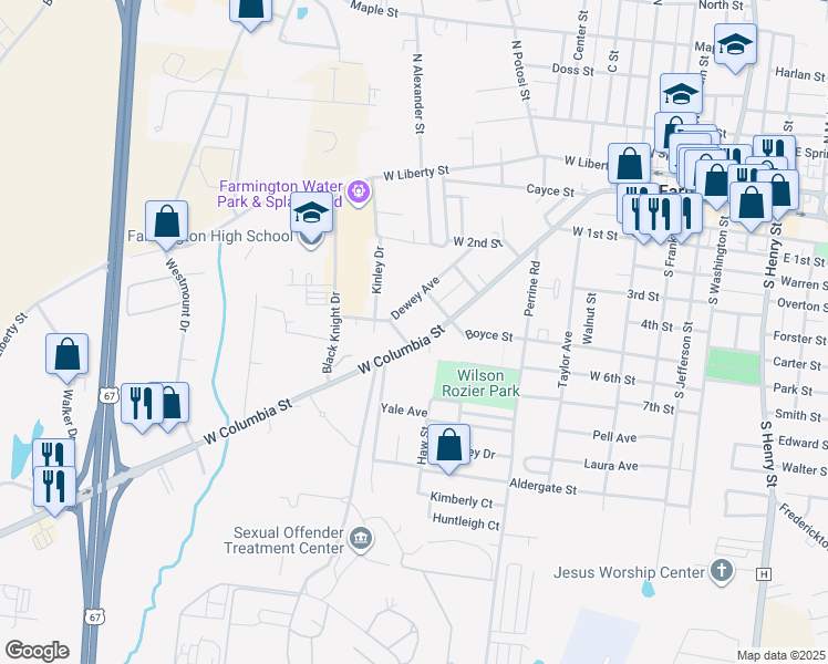 map of restaurants, bars, coffee shops, grocery stores, and more near 817 West Columbia Street in Farmington