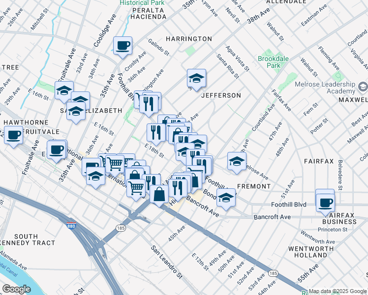map of restaurants, bars, coffee shops, grocery stores, and more near 4100 Foothill Boulevard in Oakland