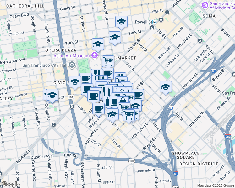 map of restaurants, bars, coffee shops, grocery stores, and more near 765 Minna Street in San Francisco
