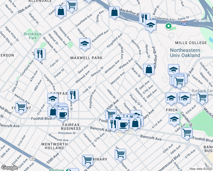 map of restaurants, bars, coffee shops, grocery stores, and more near 5230 Hillen Drive in Oakland