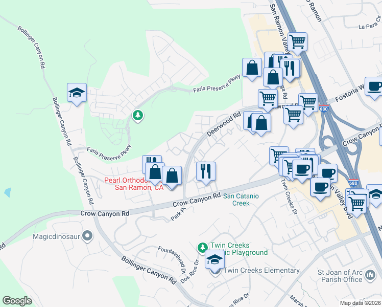 map of restaurants, bars, coffee shops, grocery stores, and more near Deerwood Road & Promontory Way in San Ramon