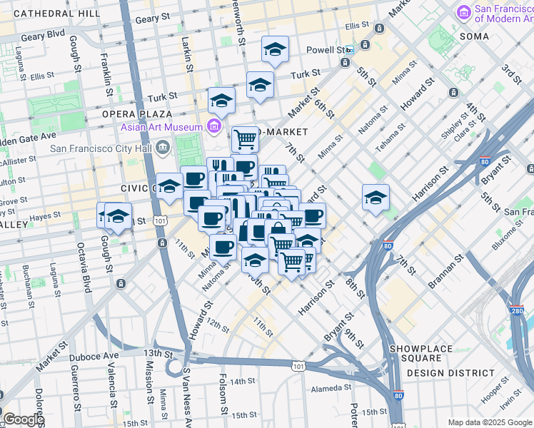 map of restaurants, bars, coffee shops, grocery stores, and more near 765 Minna Street in San Francisco