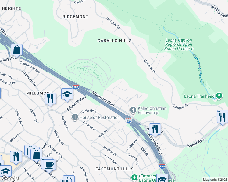 map of restaurants, bars, coffee shops, grocery stores, and more near 7308 Altura Place in Oakland