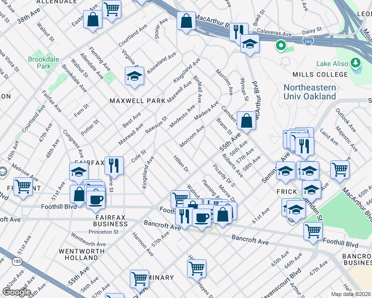 map of restaurants, bars, coffee shops, grocery stores, and more near 5318 Fleming Avenue in Oakland