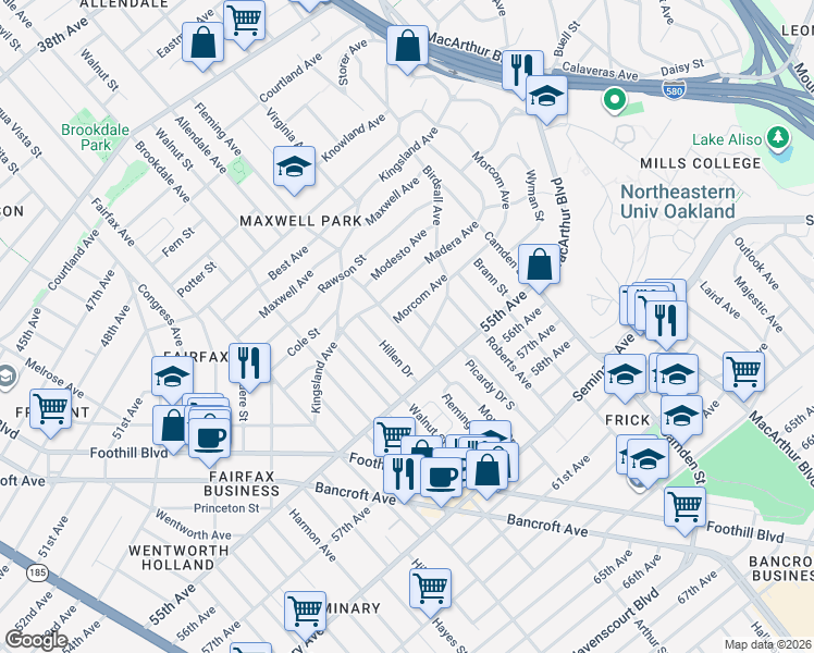 map of restaurants, bars, coffee shops, grocery stores, and more near 5318 Fleming Avenue in Oakland