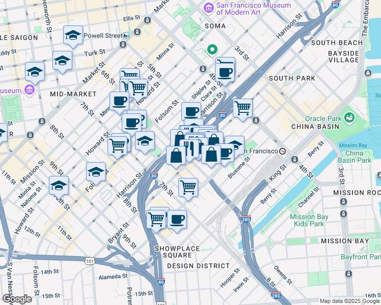 map of restaurants, bars, coffee shops, grocery stores, and more near 833 Bryant Street in San Francisco