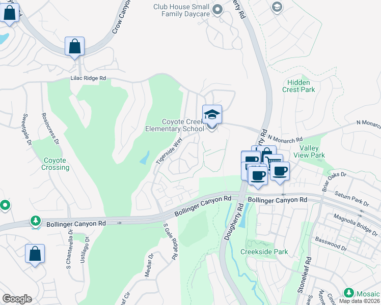 map of restaurants, bars, coffee shops, grocery stores, and more near 7835 Veronica Court in San Ramon