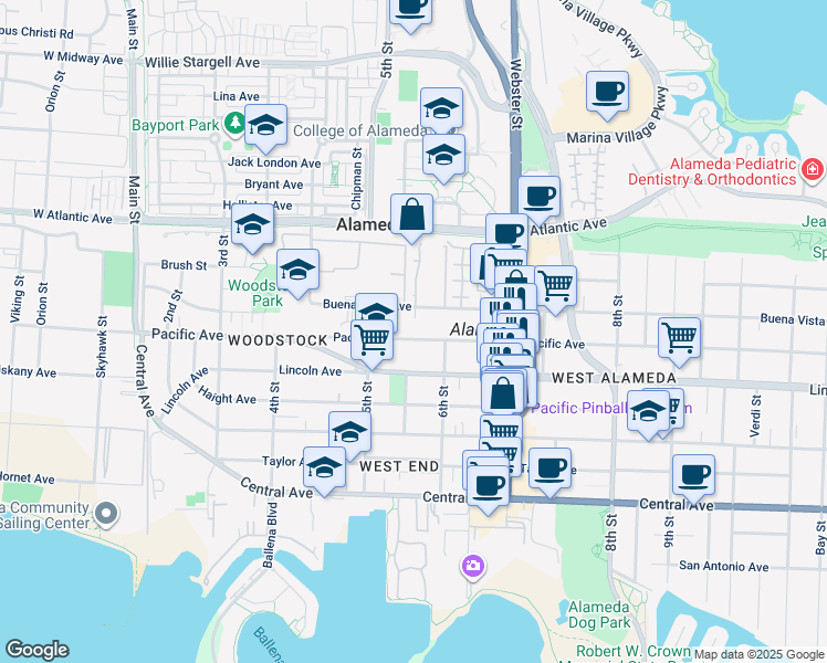 map of restaurants, bars, coffee shops, grocery stores, and more near 550 Pacific Avenue in Alameda