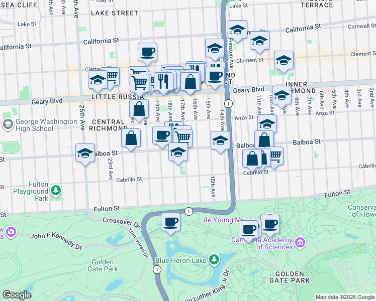 map of restaurants, bars, coffee shops, grocery stores, and more near 1547 Balboa Street in San Francisco