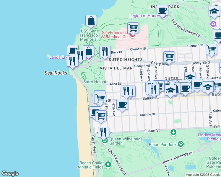 map of restaurants, bars, coffee shops, grocery stores, and more near 45 Sutro Heights Avenue in San Francisco