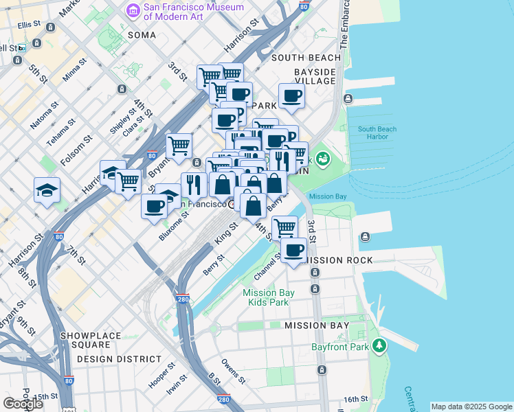 map of restaurants, bars, coffee shops, grocery stores, and more near 255 King Street in San Francisco