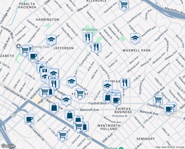 map of restaurants, bars, coffee shops, grocery stores, and more near 2180 48th Avenue in Oakland