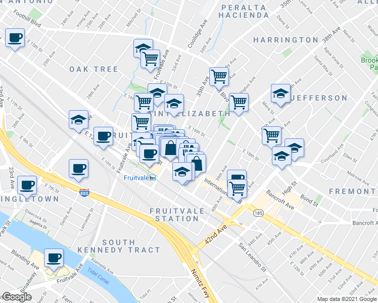 map of restaurants, bars, coffee shops, grocery stores, and more near 1414 36th Avenue in Oakland