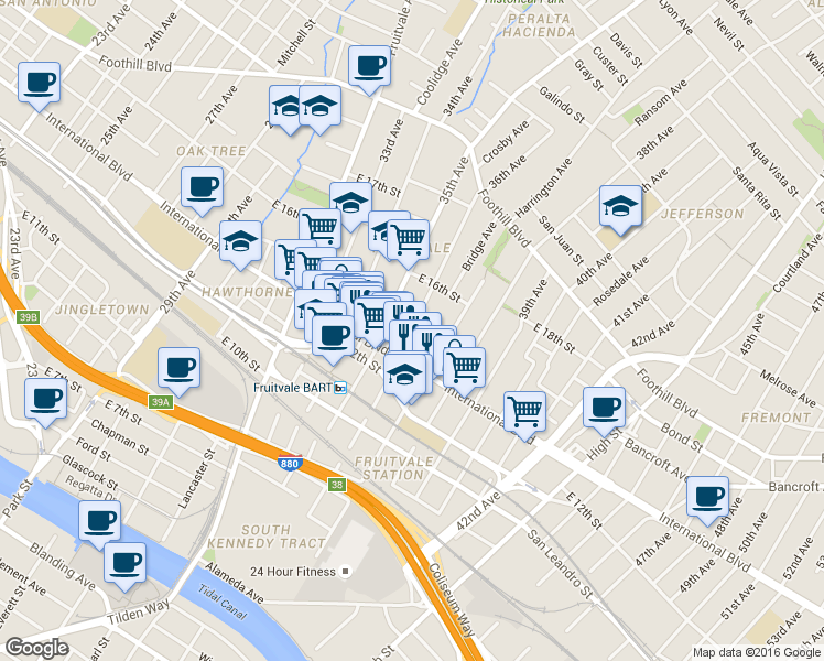 map of restaurants, bars, coffee shops, grocery stores, and more near 1414 36th Avenue in Oakland