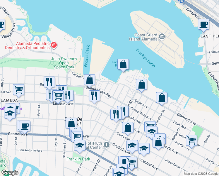 map of restaurants, bars, coffee shops, grocery stores, and more near 1563 Buena Vista Avenue in Alameda
