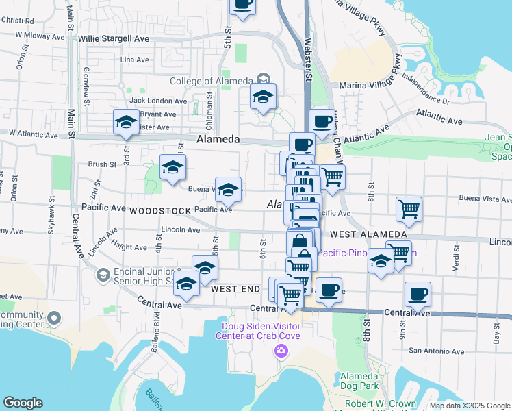 map of restaurants, bars, coffee shops, grocery stores, and more near 550 Pacific Avenue in Alameda