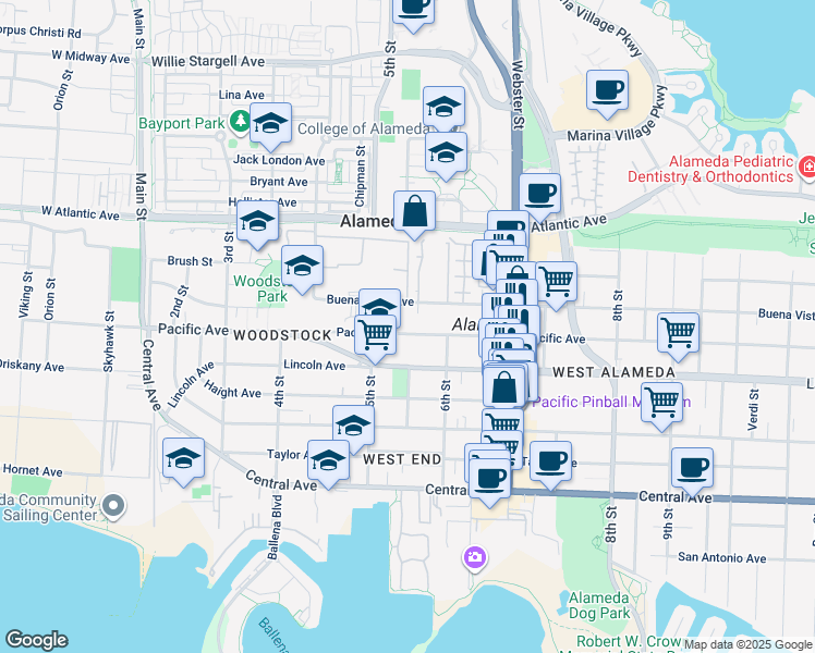 map of restaurants, bars, coffee shops, grocery stores, and more near 500 Pacific Avenue in Alameda