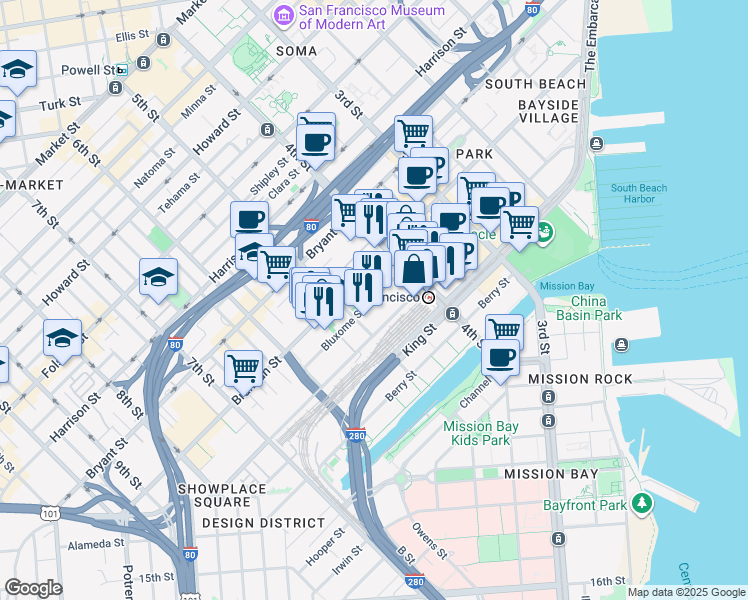 map of restaurants, bars, coffee shops, grocery stores, and more near 388 Townsend Street in San Francisco