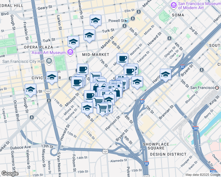 map of restaurants, bars, coffee shops, grocery stores, and more near 58 Sumner Street in San Francisco