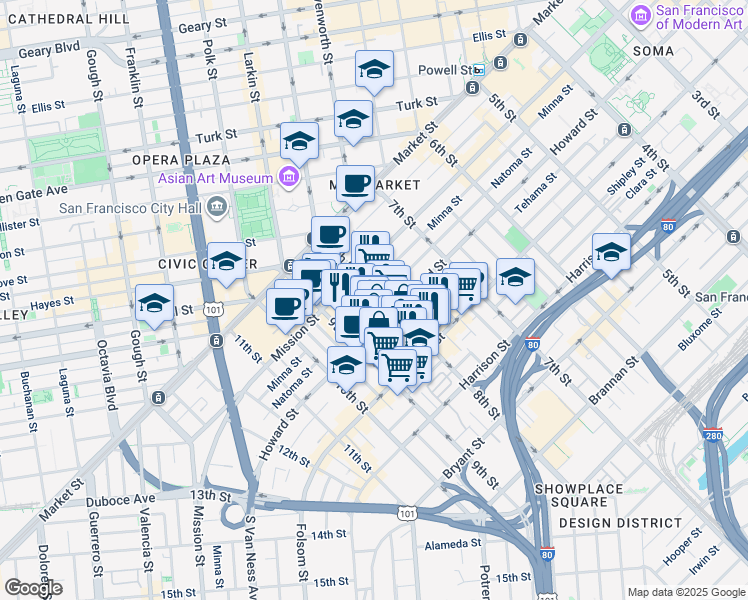 map of restaurants, bars, coffee shops, grocery stores, and more near in San Francisco