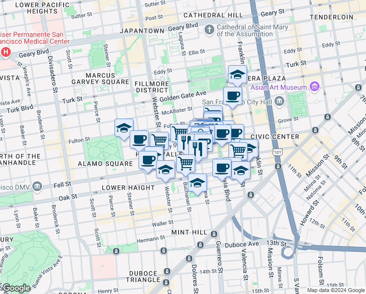 map of restaurants, bars, coffee shops, grocery stores, and more near 542 Linden Street in San Francisco