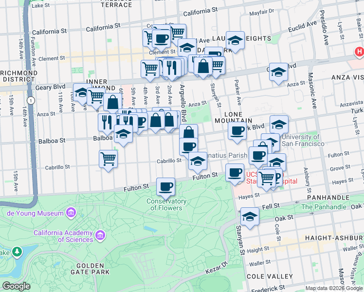 map of restaurants, bars, coffee shops, grocery stores, and more near 766 Arguello Boulevard in San Francisco